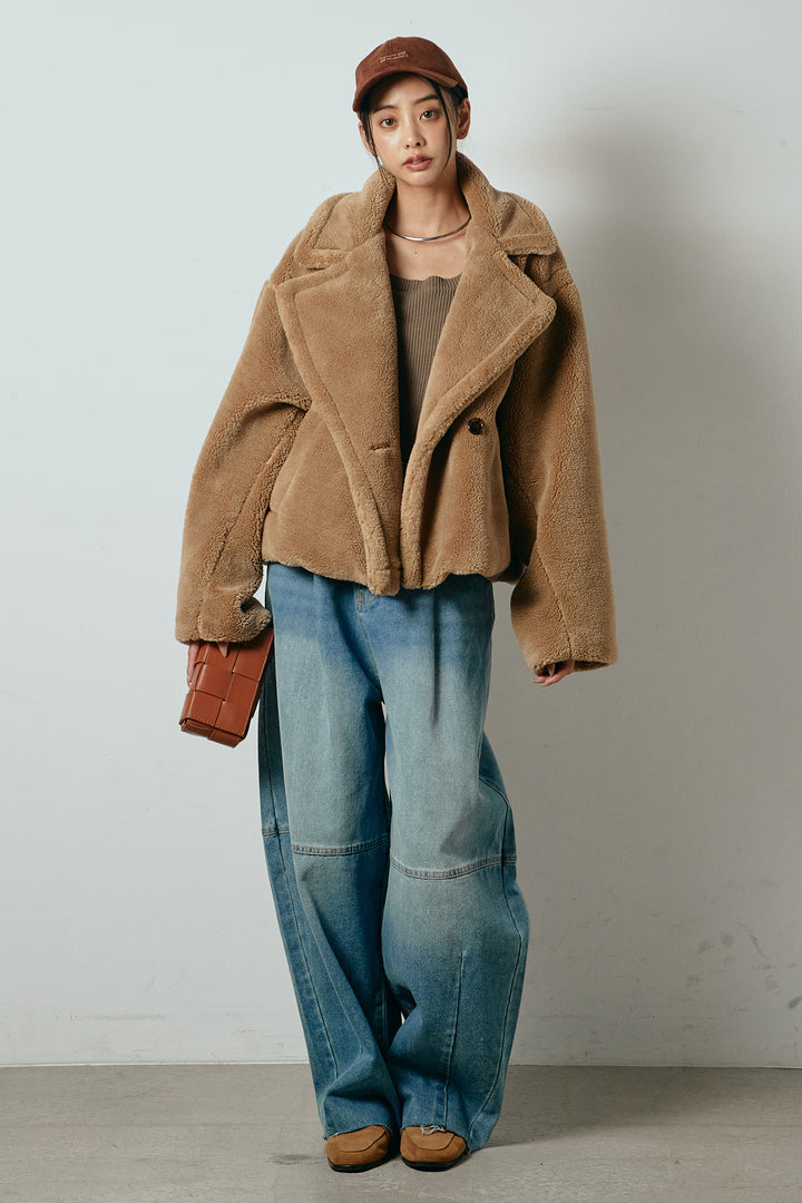 【2月中旬発送】
[SET]テディボアショートジャケット+加工デニムタックコクーンワイドパンツ(2set)