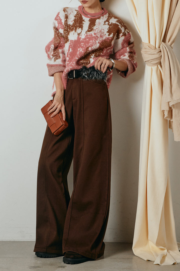 [SET]起毛ニュアンス柄ニットプルオーバー+ファーベルト付きワイドパンツ(2set)