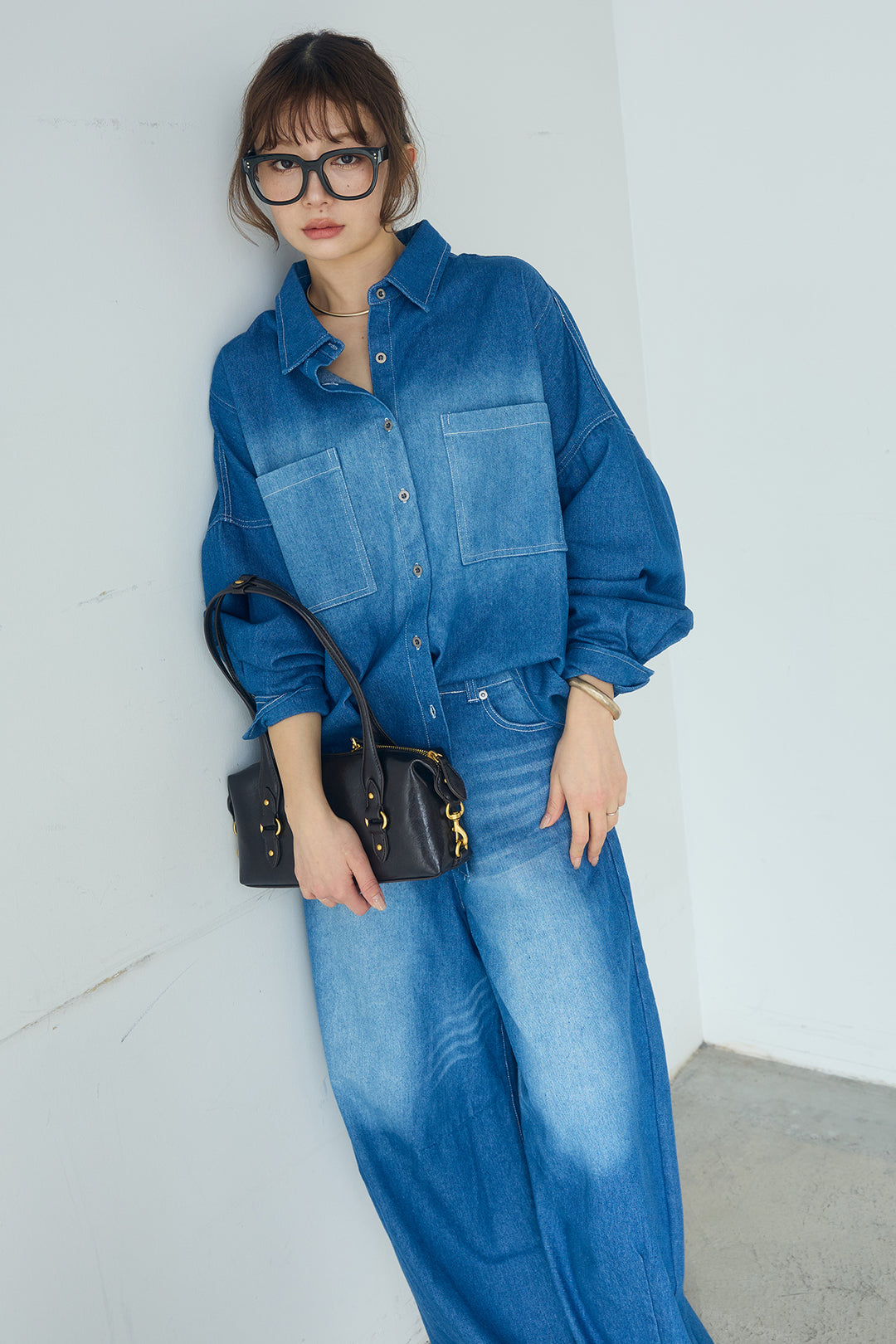 [SET]ヴィンテージ加工デニムオーバーシャツ+ヴィンテージ加工デニムワイドパンツ(2set)