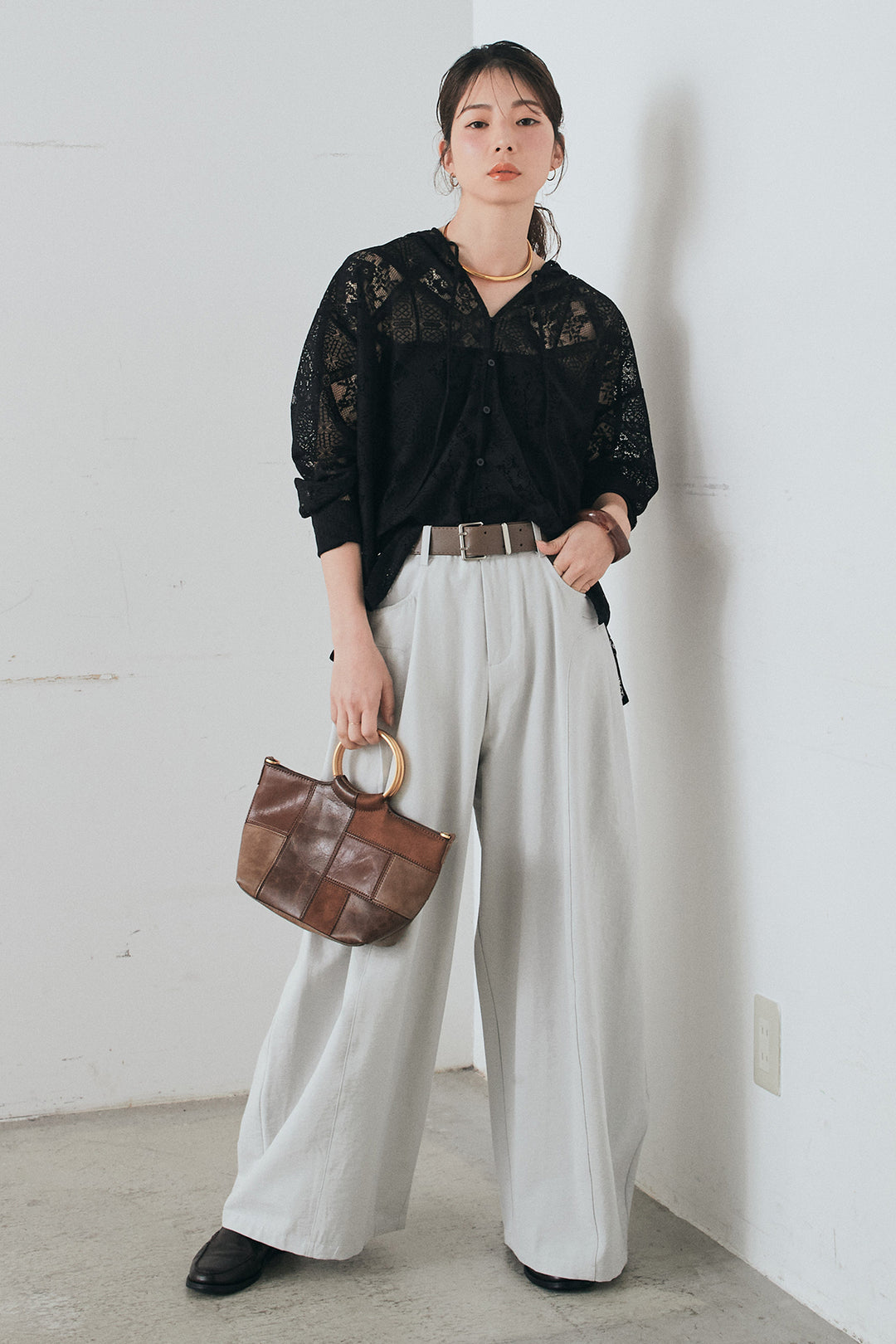[SET]ブロックレースフード付きブラウス+ベルト付きサイドタックワイドパンツ(2set)