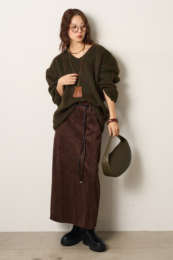 [SET]フラッフィーレオパードシャギーニット+ロープベルト付きスウェード調スカート(2set)