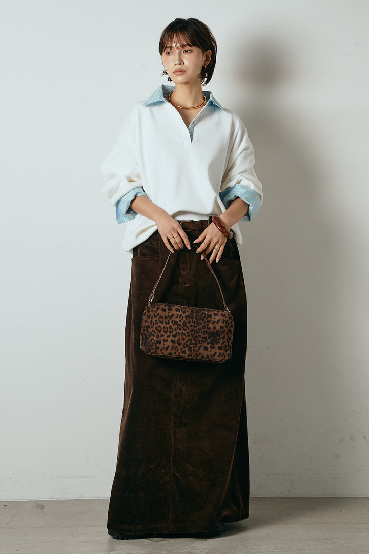 [SET]ストライプシャツドッキングポロトップス+ポーチベルト付きコーデュロイワイドスカート(2set)