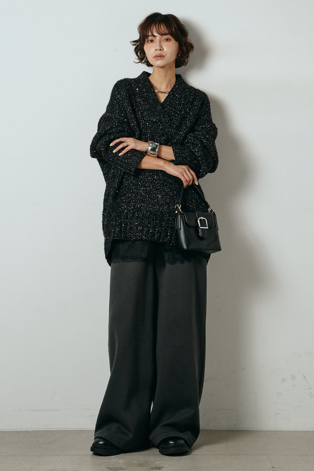 [SET]Vネックラメニットトップス+レース切り替えキャミソール(2set)