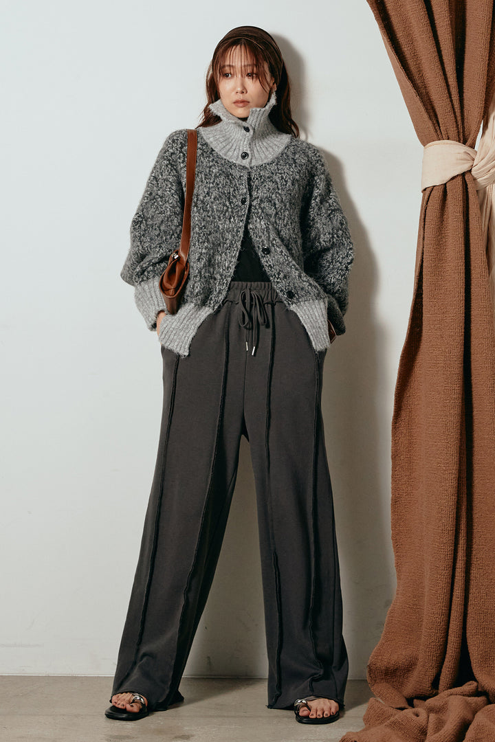 [SET]ハイネックミックスニットトップス+フロントラインデザインワイドスウェットパンツ(2set)