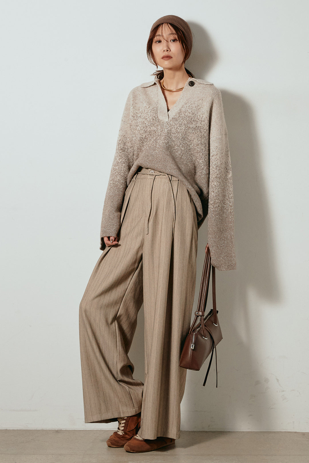 [SET]グラデーションラメニットキーネックプルオーバー+ストライプヘリンボーンパンツ(2set)