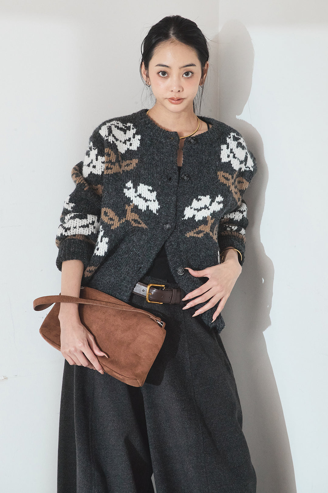 [SET]花柄ジャガードニットカーディガン+ウールタッチカーブワイドパンツ(2set)