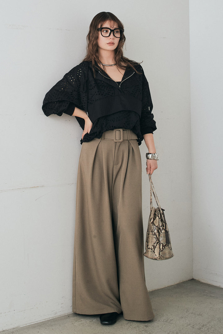 [SET]レースハーフジップアップフーディー+ベルト付きツータックワイドパンツ(2set)