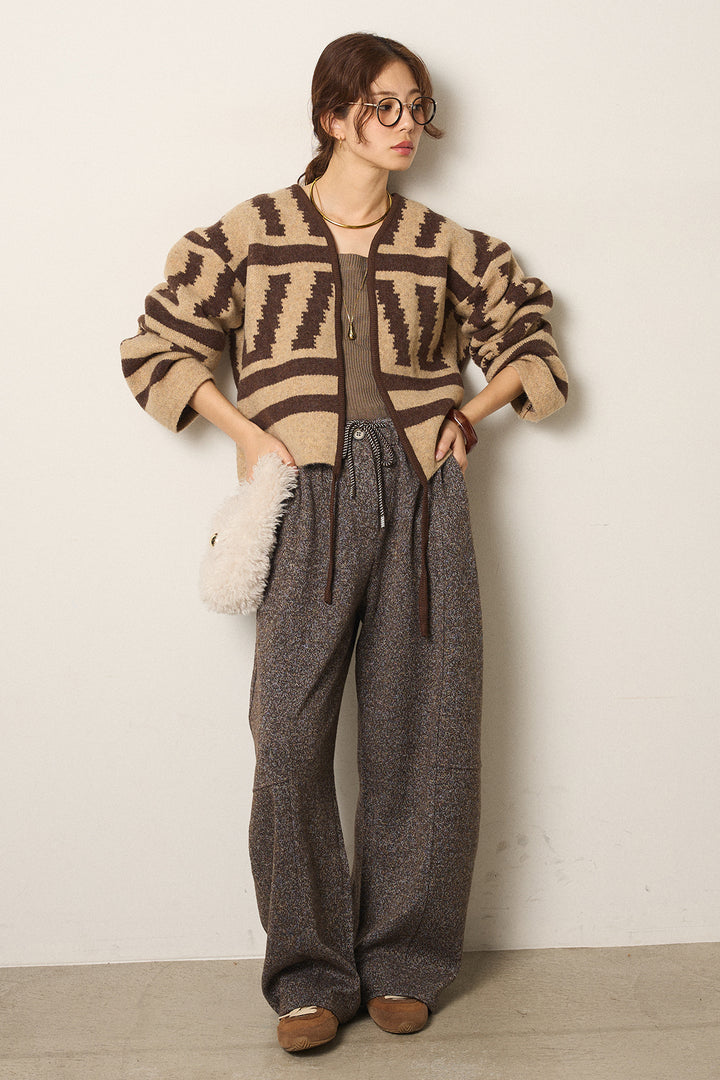 [SET]幾何学柄ノーカラーカーディガン+杢ニットフレアパンツ(2set)