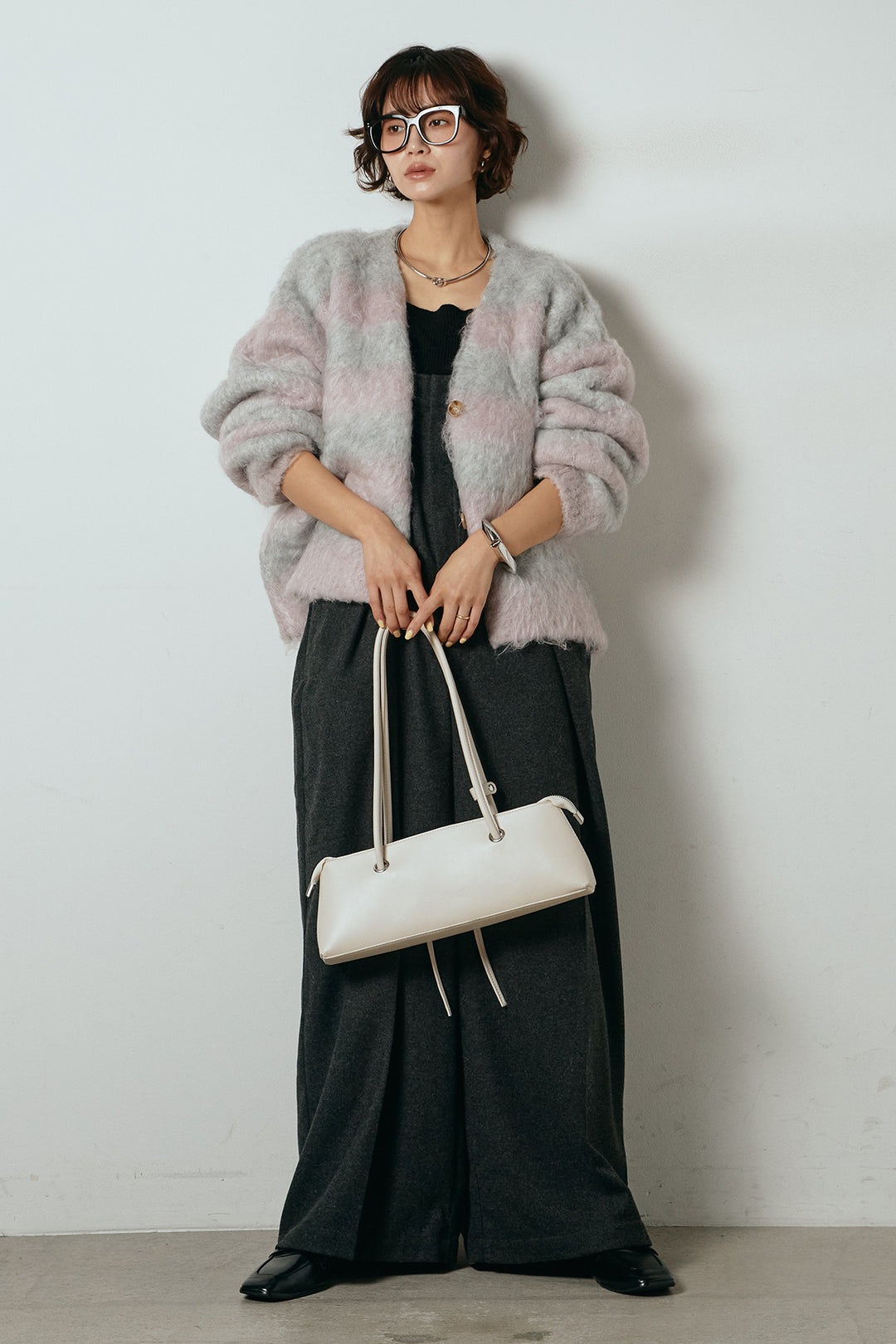 [SET]シャギーボーダー柄ニットカーディガン+ウール混フランネルワイドサロペット(2set)