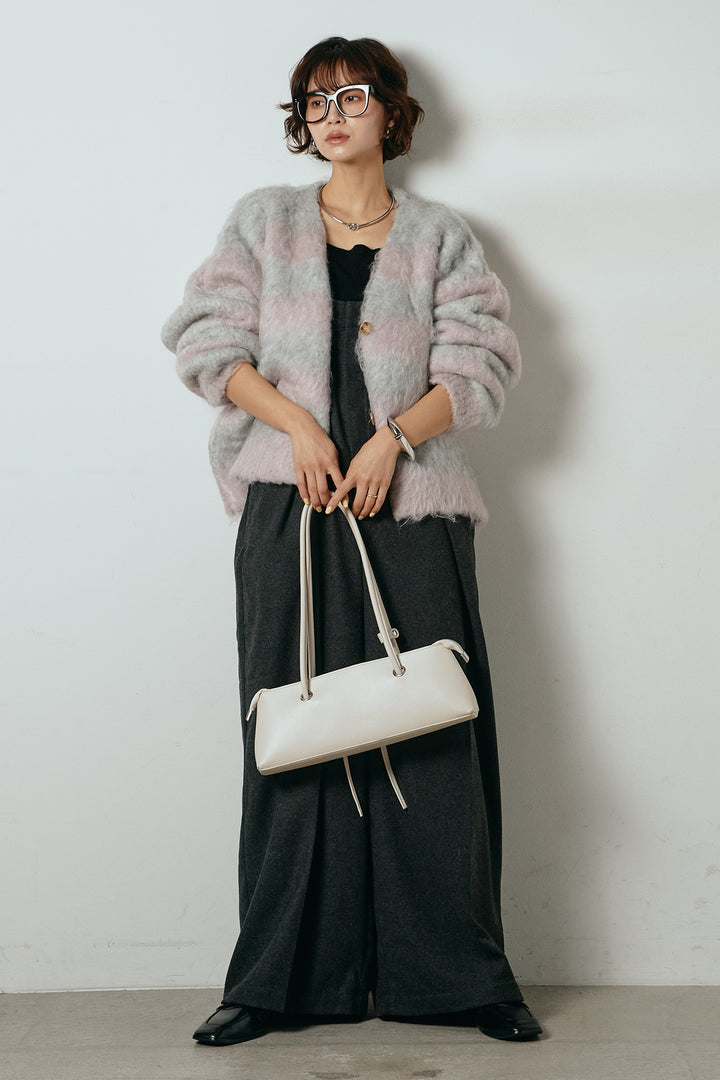 [SET]シャギーボーダー柄ニットカーディガン+ウール混フランネルワイドサロペット(2set)