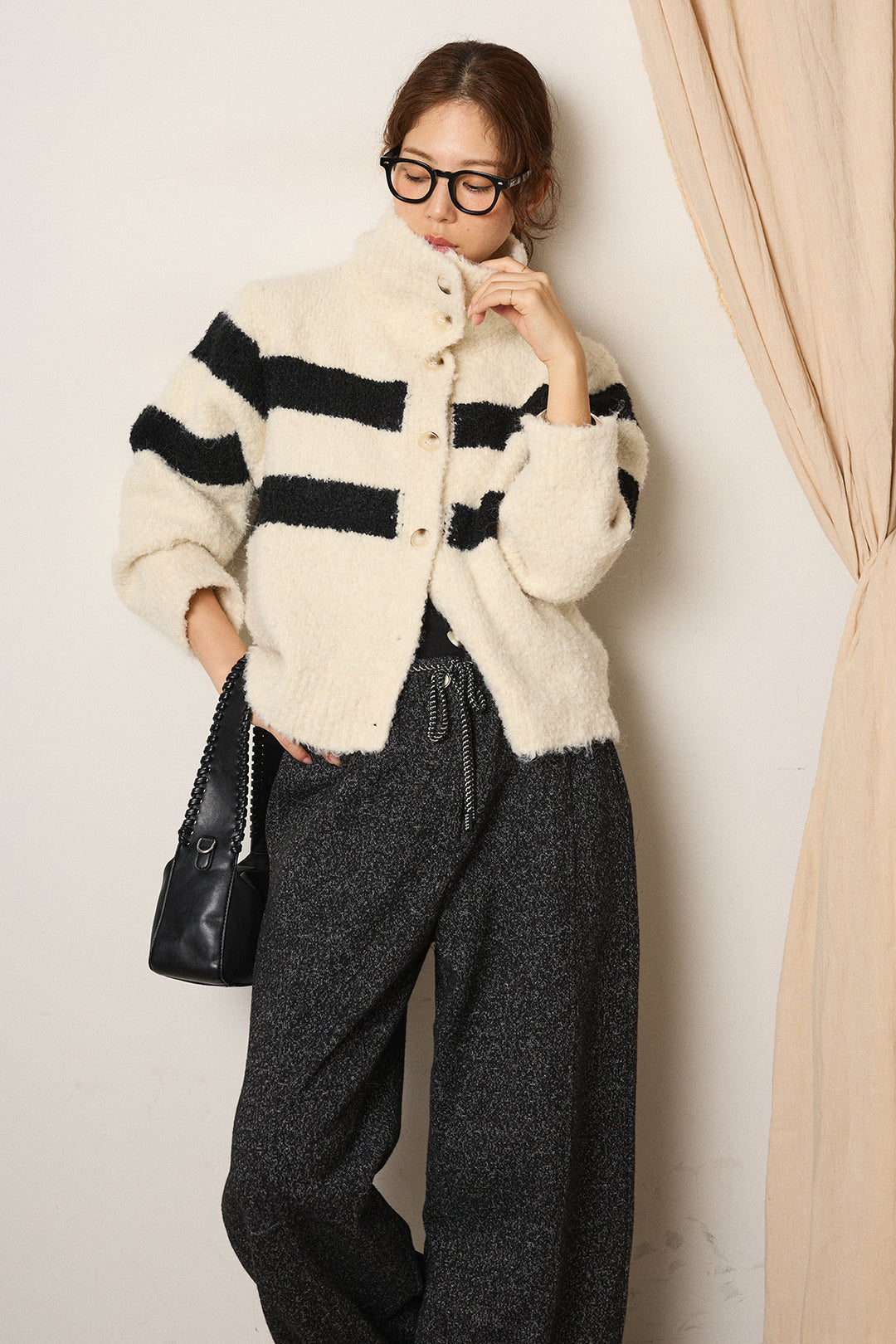 [SET]ハイネックボーダーニットカーディガン+杢ニットフレアパンツ(2set)