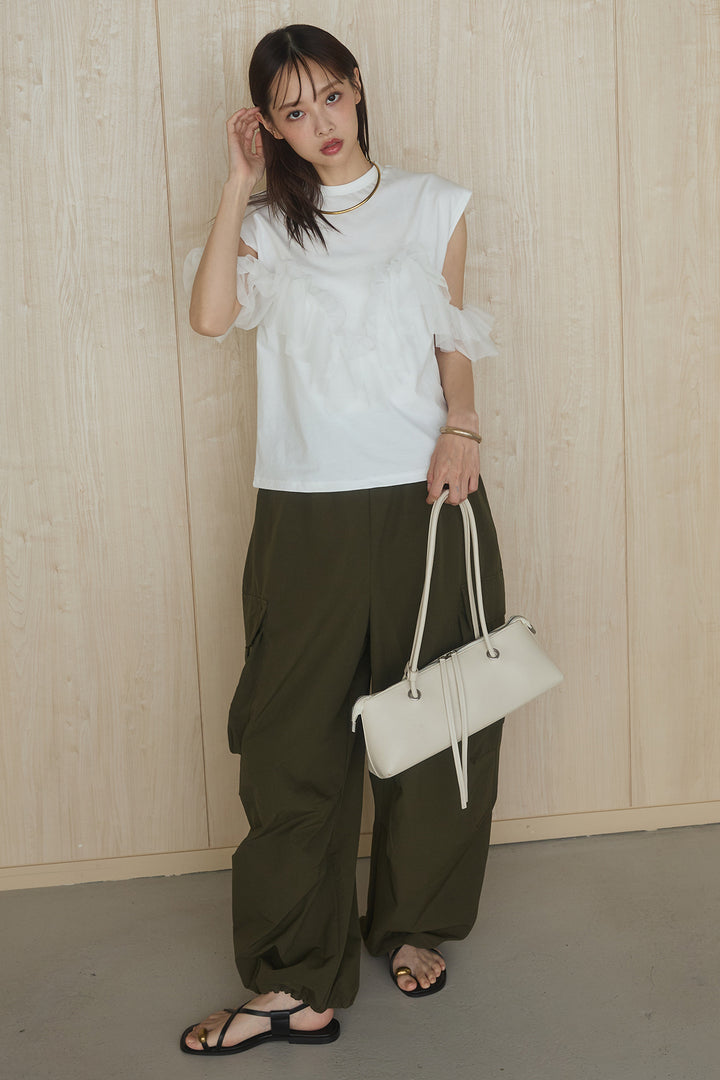 [SET]チュールフリルフレンチTシャツ+ルーズカーゴワイドパンツ(2set)