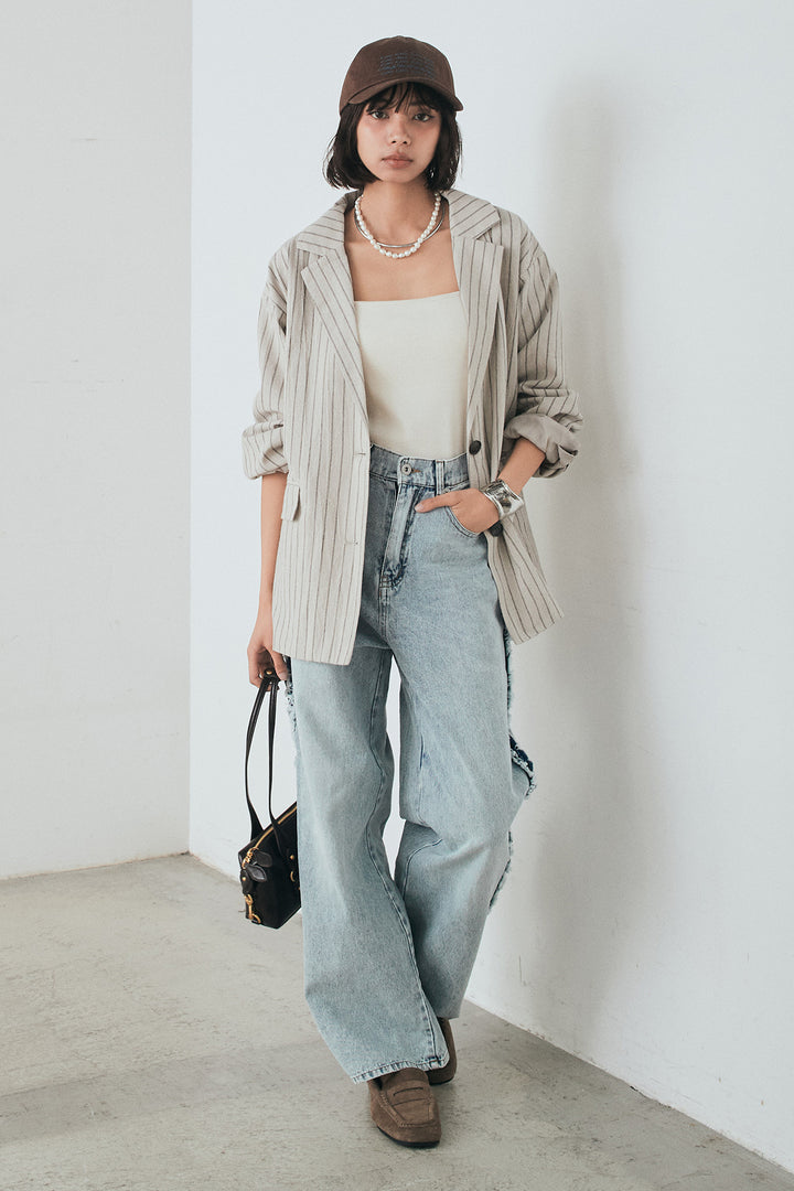 [SET]リネンライクストライプテーラードジャケット+デニムサイドフリルパンツ(2set)