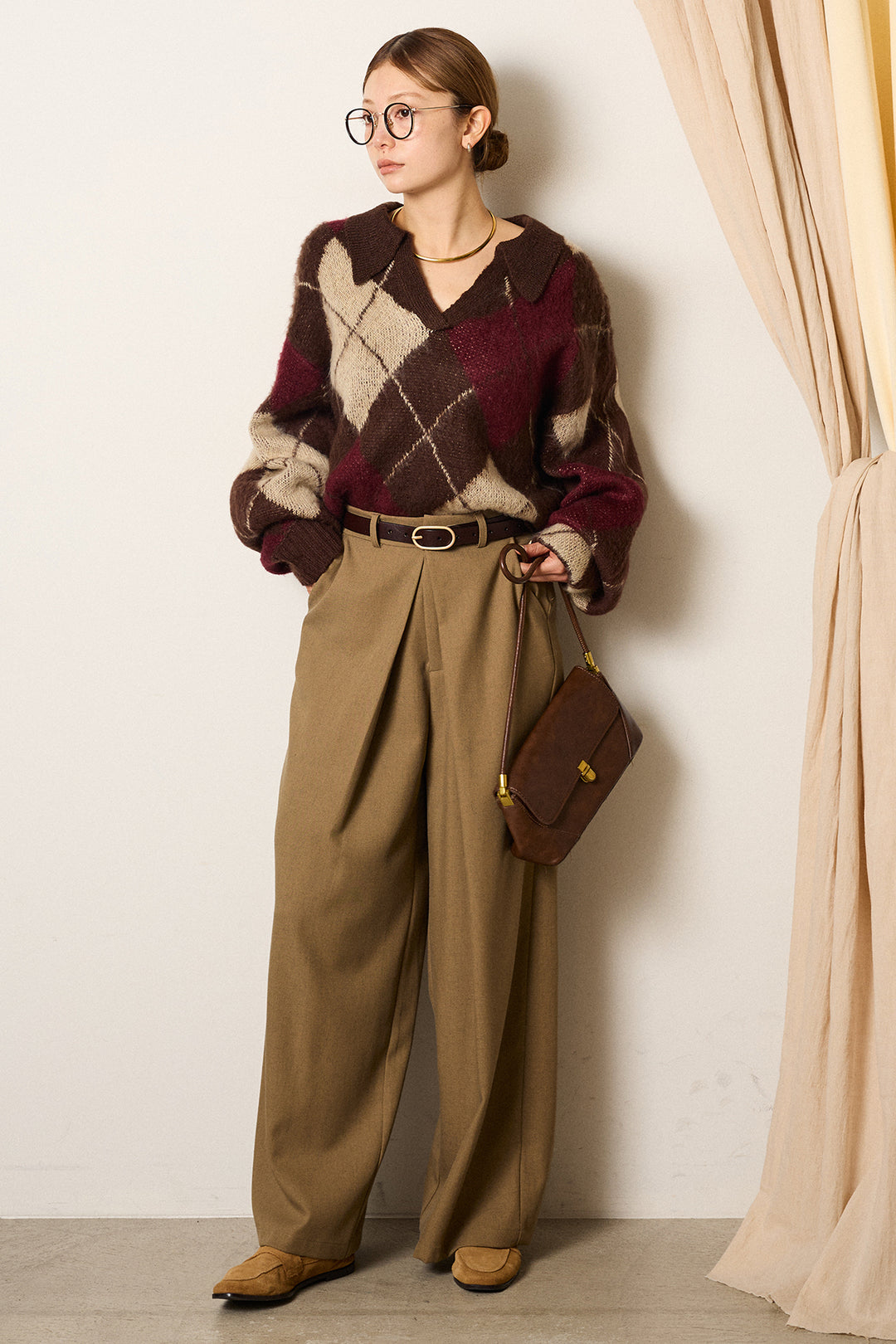 [SET]アクリルモヘアアーガイルキーネックプルオーバー+フロントワイドタックネップ入ワイドパンツ(2set)