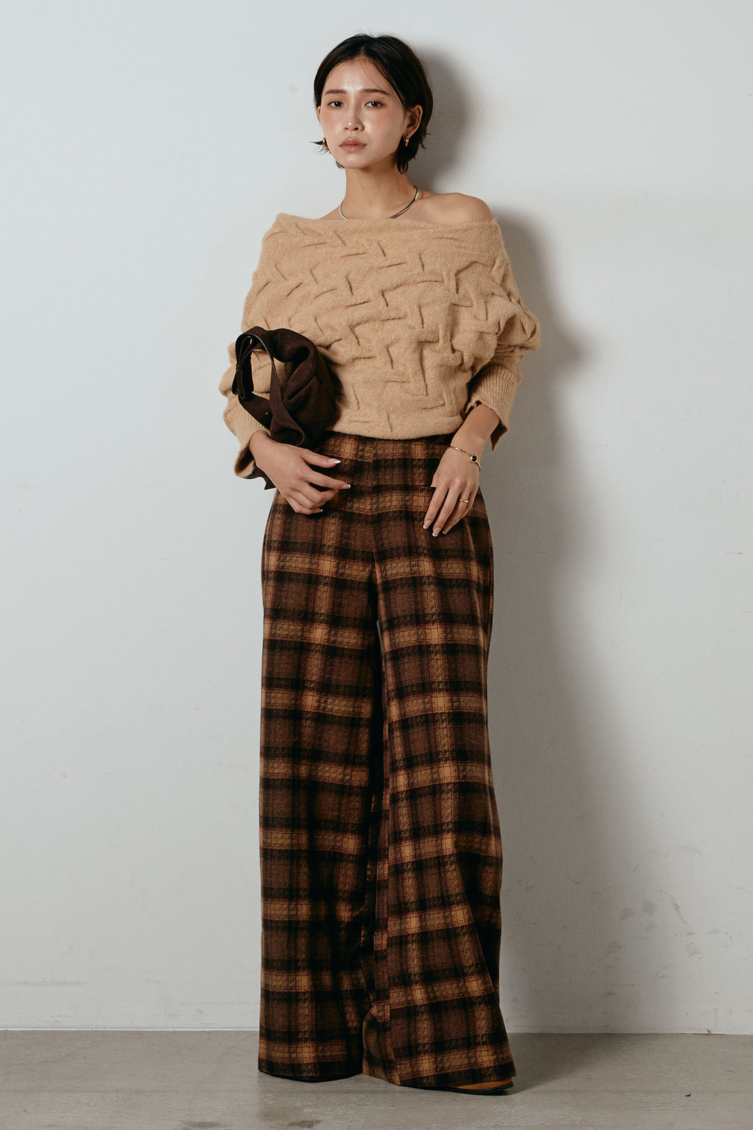 [SET]ボートネックニットトップス+ルーズタータンチェックワイドパンツ(2set)