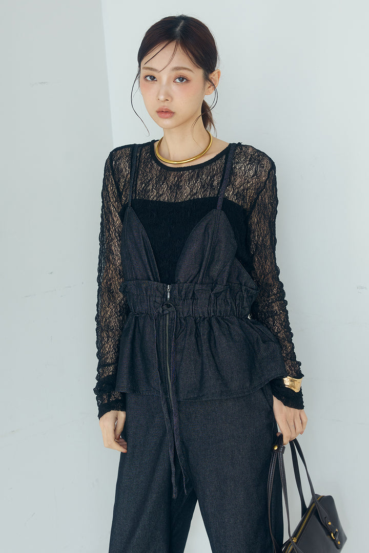 [SET]ストレッチレースクルーネックインナー+デニムペプラムコンビネゾン(2set)