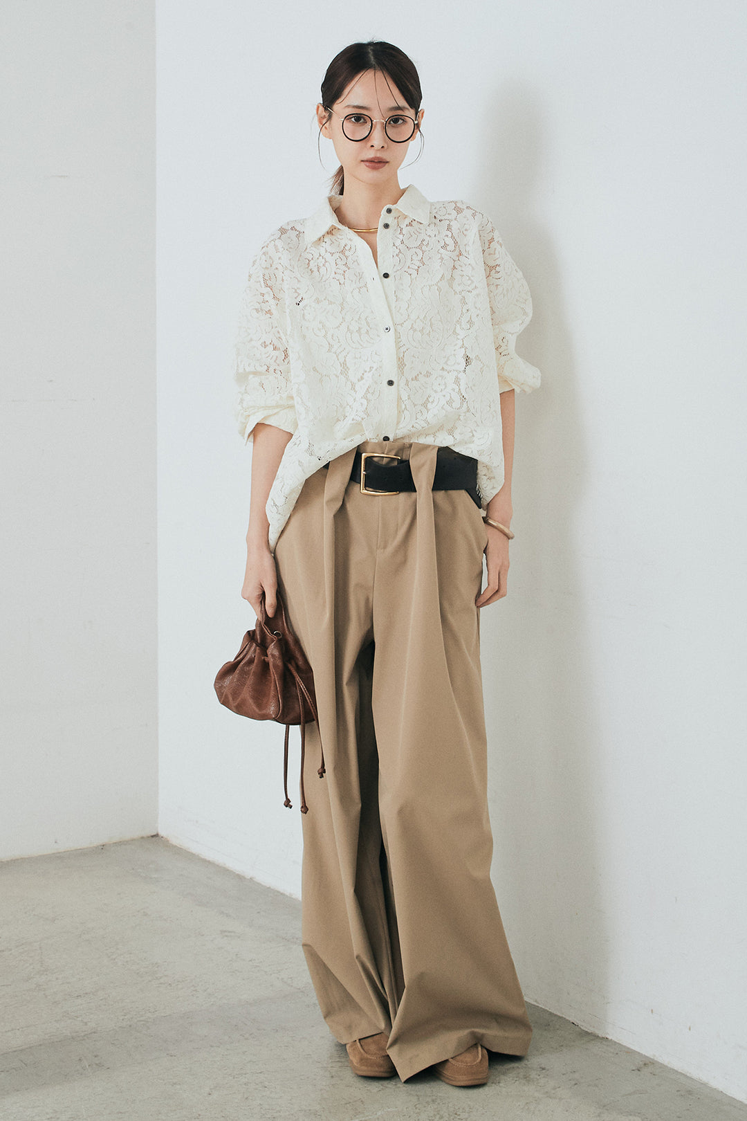 [SET]レース裾スカラップシャツ+ベルトループデザインハイウエストタックパンツ(2set)
