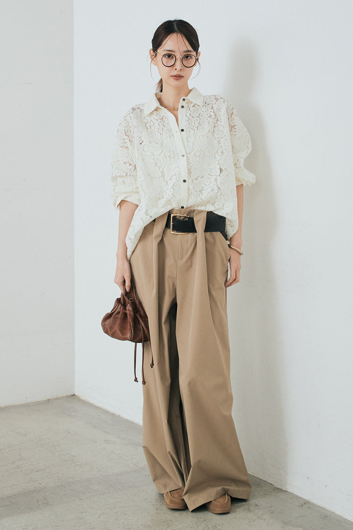 [SET]レース裾スカラップシャツ+ベルトループデザインハイウエストタックパンツ(2set)