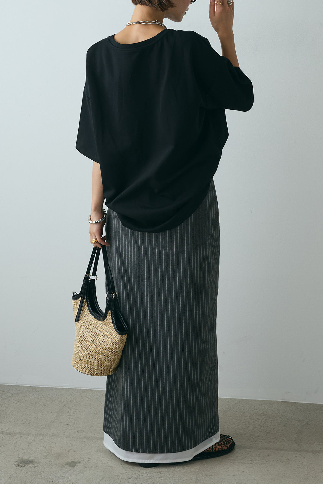 [SET]スクエアレース刺繍Tシャツ+ストライプストレートスカート(2set)