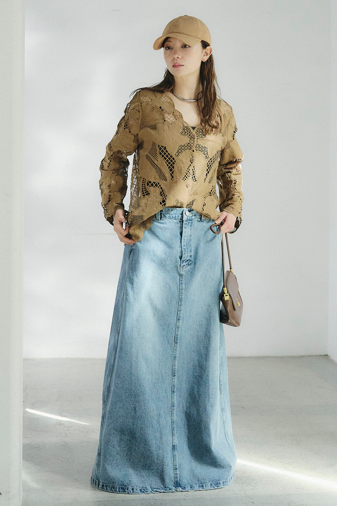 [SET]フラワー刺繍レースブラウス+デニムロングフレアスカート(2set)