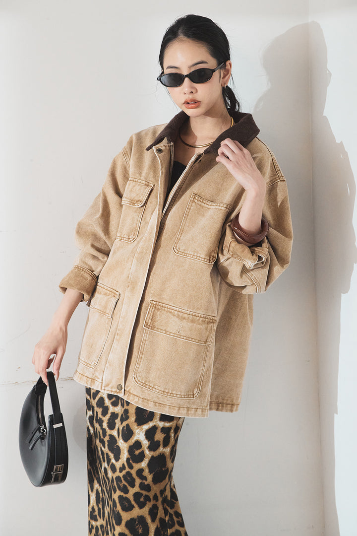 [SET]襟コーデュロイジップデニム調カバーオール+レオパードサテンナロースカート(2set)