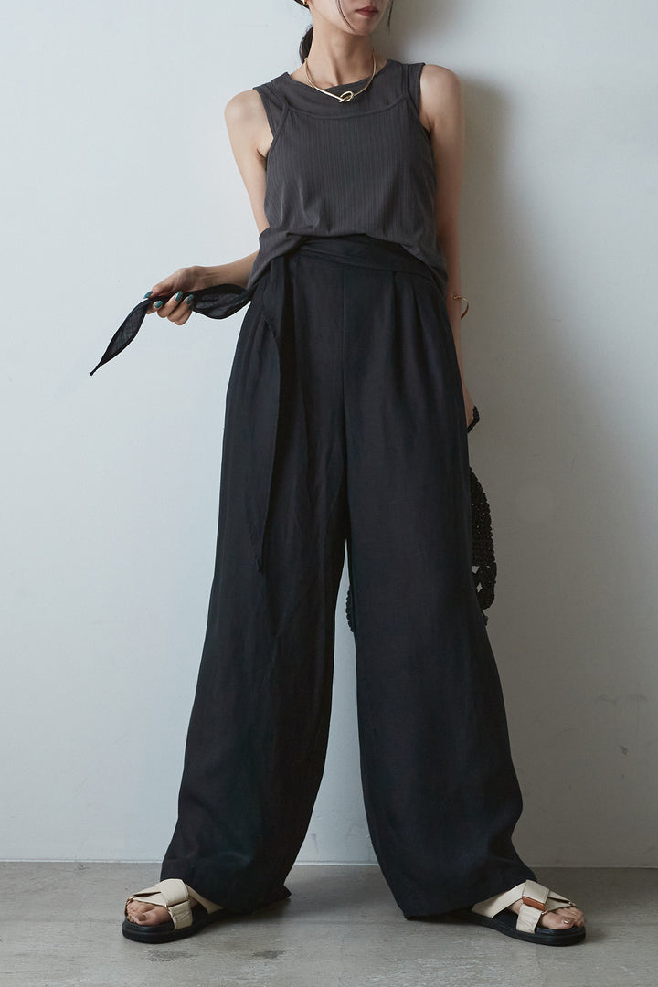 [SET]接触冷感シアーランダムリブデザインキャミタンク+リネン混巻きワイドパンツ(2set)
