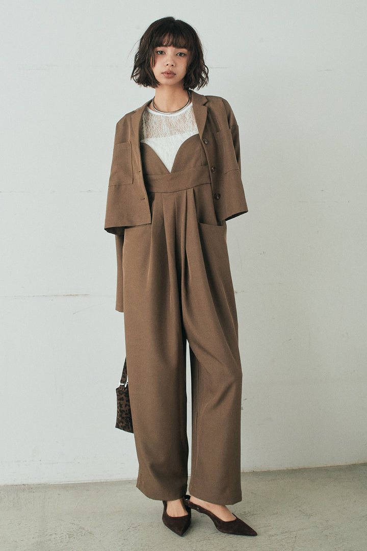 [SET]バックジップデザインショートツイルジャケット+キャミロングオールインワン+ストレッチレースクルーネックインナー(3set)