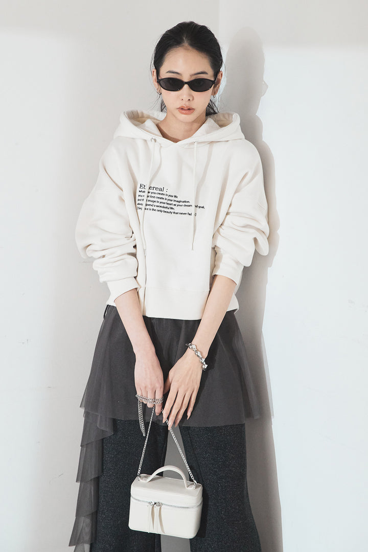 [SET]裏起毛レタリング刺繍フーディショートプルオーバー+チュールレイヤードニットパンツ(2set)