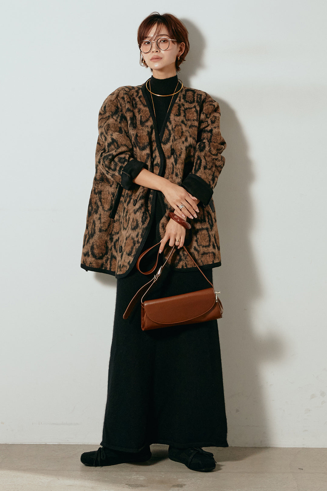 [SET]ノーカラーレオパード柄アウター+ノースリーブニットロングワンピース(2set)