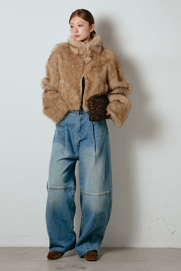 [SET]エコファーショート丈ブルゾン+加工デニムタックコクーンワイドパンツ(2set)