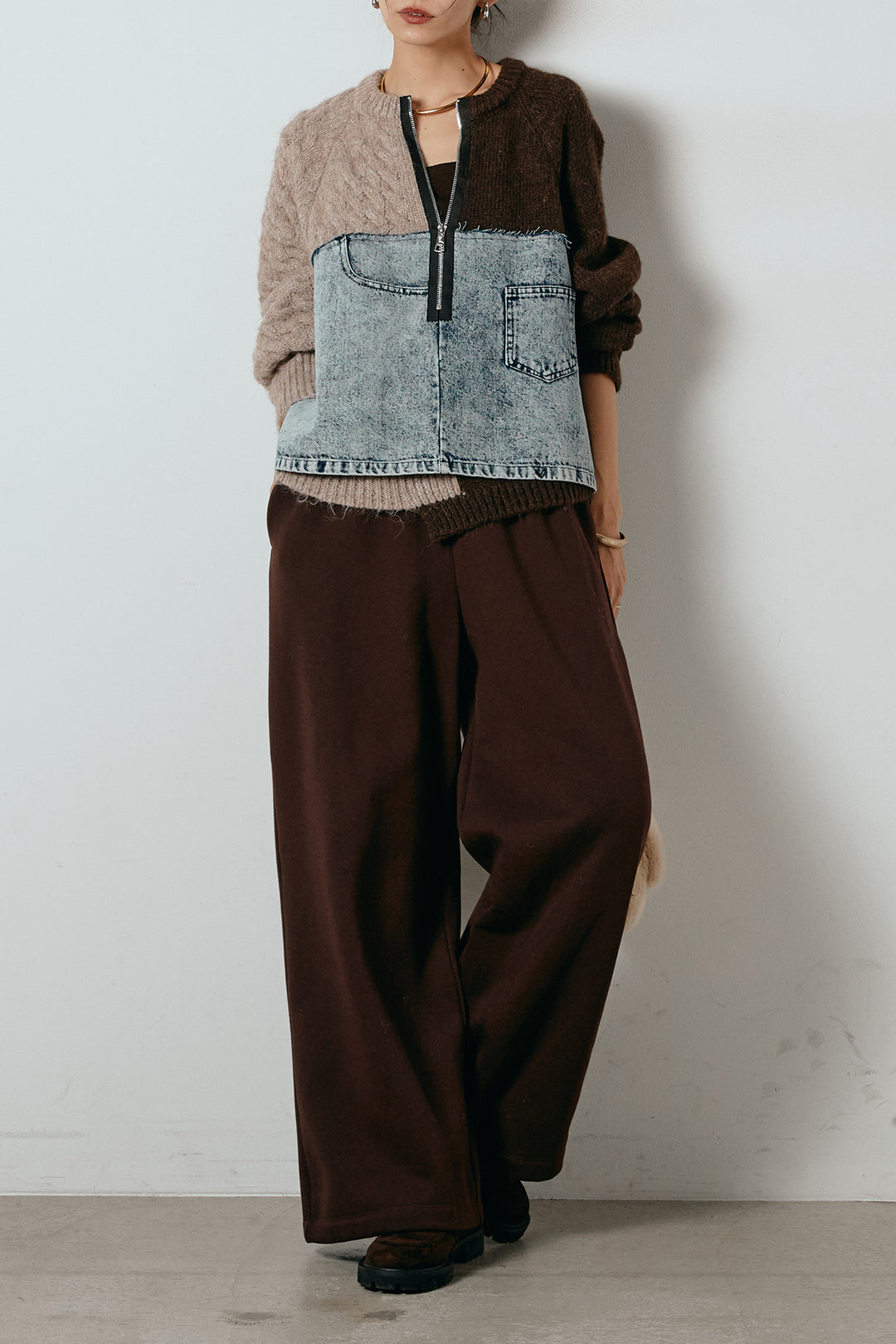 [SET]ハーフジップニットデニムドッキングトップス+裏起毛スウェットワイドパンツ(2set)