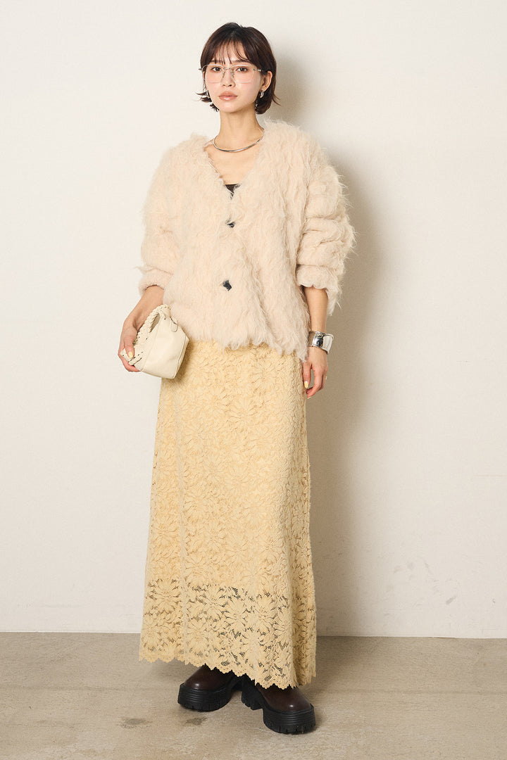 [SET]起毛シャギーニットカーディガン+花柄刺繍ベロアフレアスカート(2set)