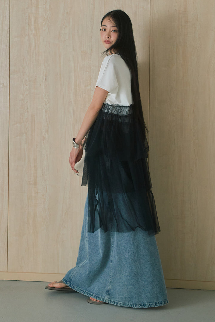 [SET]アシンメトリーチュールフリルTシャツ+デニムロングフレアスカート(2set)
