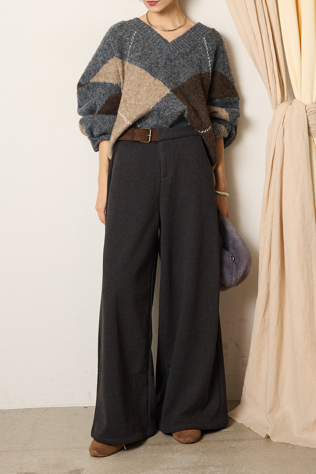 [SET]ルーズアーガイルVネックニット+サイドベルトパンツ(2set)