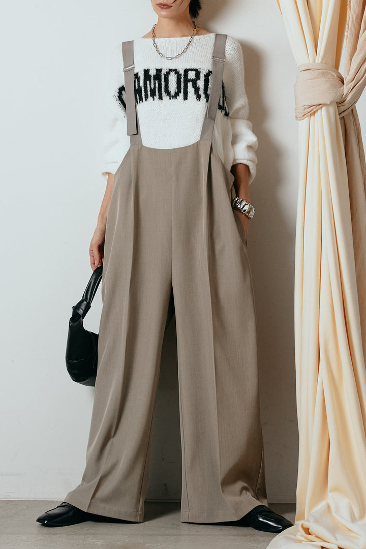 [SET]フロントロゴデザインニットトップス+ワイドツイルサロペット(2set)