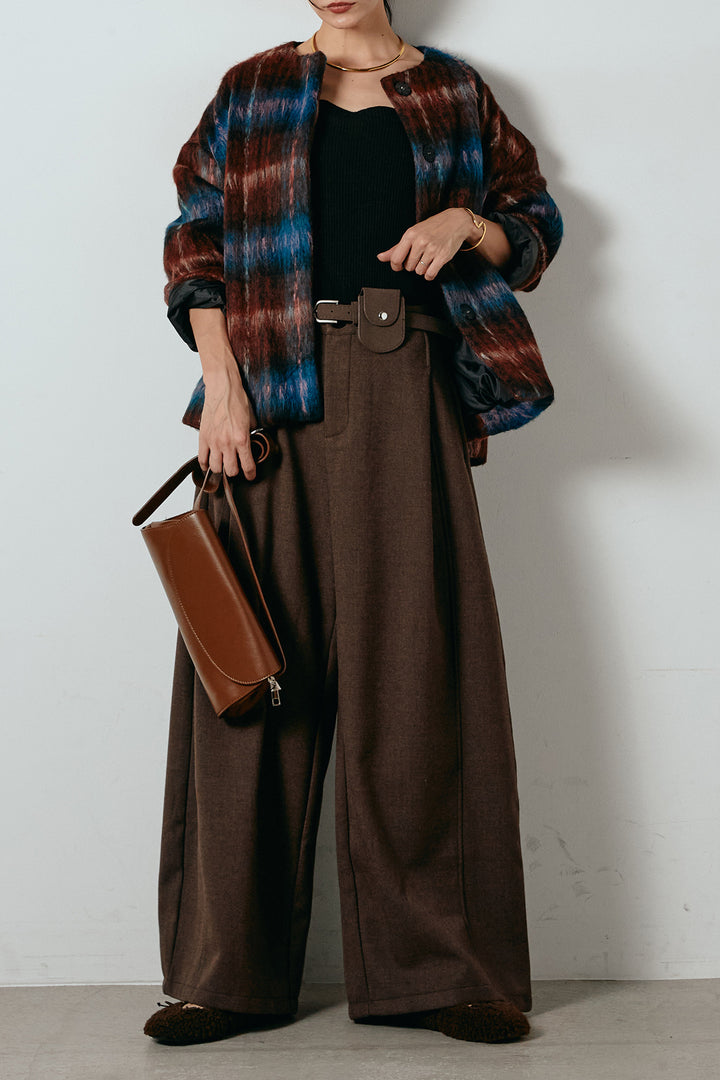 [SET]ノーカラーシャギーチェックアウター+ポーチベルト付きカーブパンツ(2set)