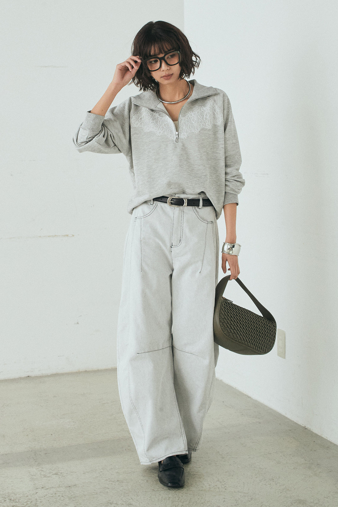 [SET]リバーレースハーフジップ裏毛スウェット+ツイル配色ステッチバレルパンツ(2set)