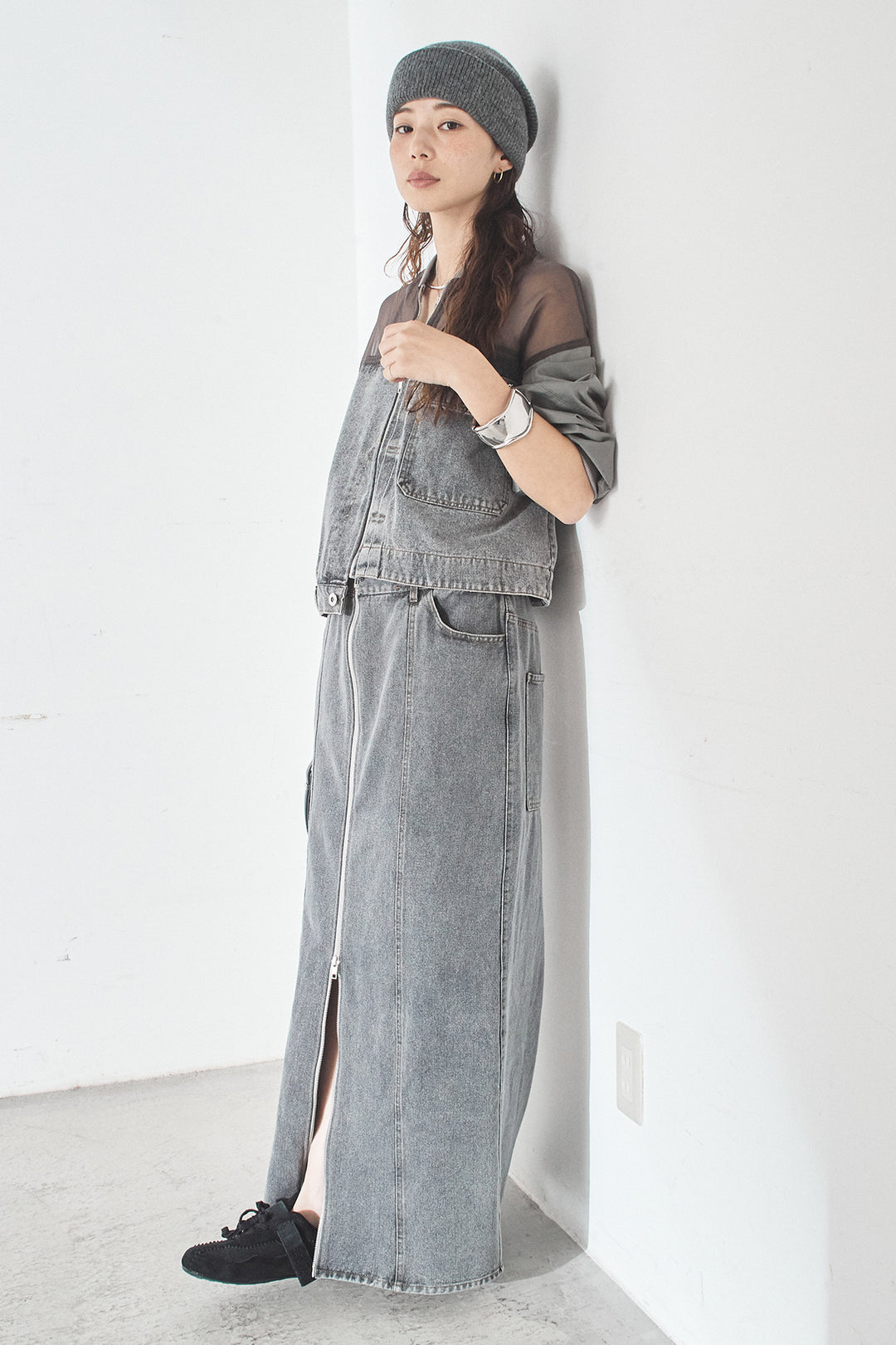 [SET]デニムコンビネーションブルゾン+フロントジップデニムスカート(2set)