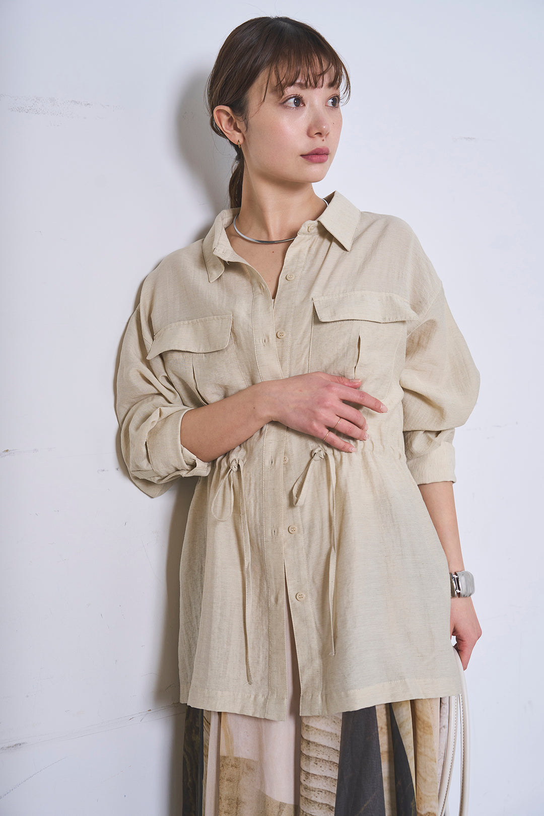 [SET]リネンブレンドシアーサファリシャツ+アートペイント柄スカート(2set)