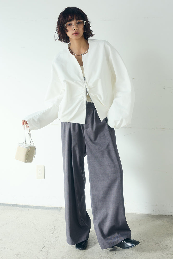 [SET]ノーカラーフロントギャザージップアウター+ツイルメニータックパンツ(2set)