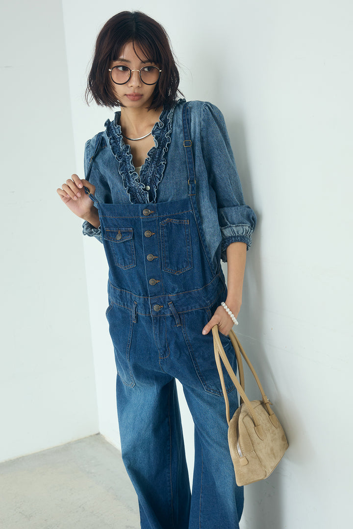 [SET]Vネックデニムフリルトップス+デニムサロペットワイドパンツ(2set)