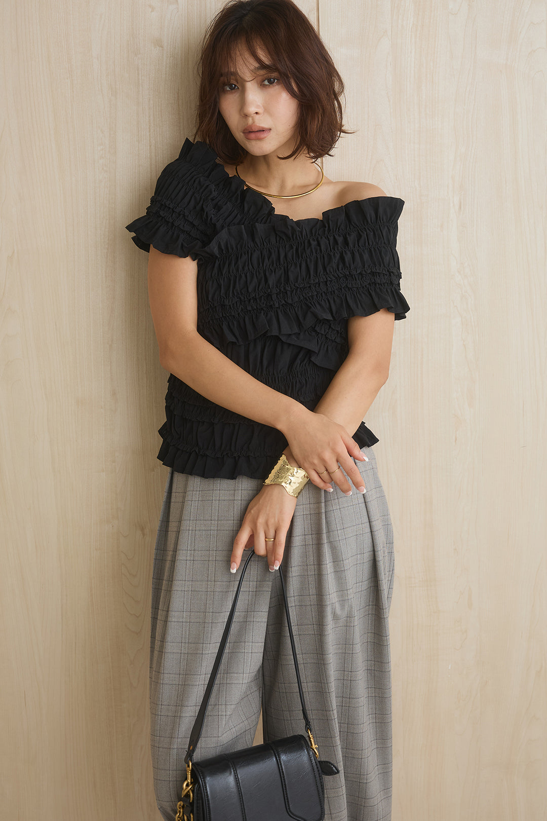 [SET]クロスシャーリングブラウス+ウエストアシメタータンチェックパンツ(2set)