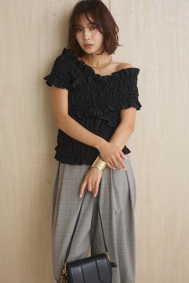 [SET]クロスシャーリングブラウス+ウエストアシメタータンチェックパンツ(2set)