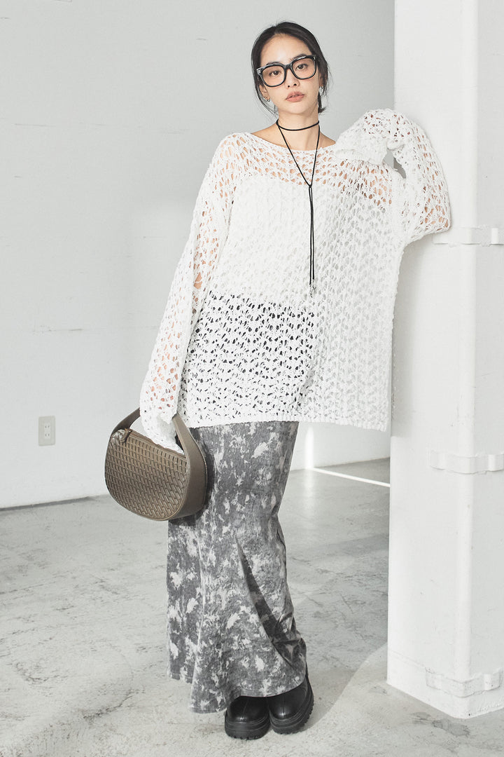 [SET]リラックスメッシュニットトップス+タイダイ柄ベロアワイドスカート(2set)