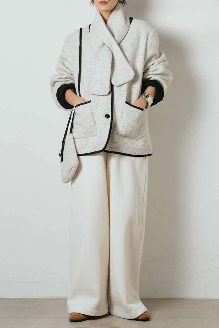 [SET]ノーカラーマフラーバッグ付きアウター+裏起毛スウェットワイドパンツ(2set)