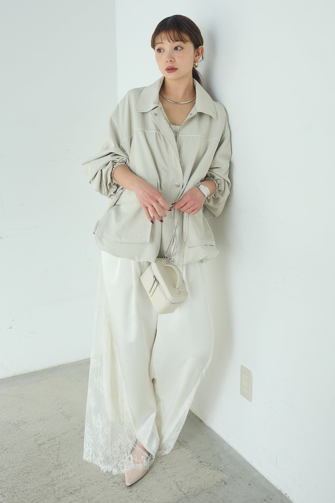 [SET]合繊ツイルバルーンジャケット+サテンレース切り替えタックパンツ(2set)