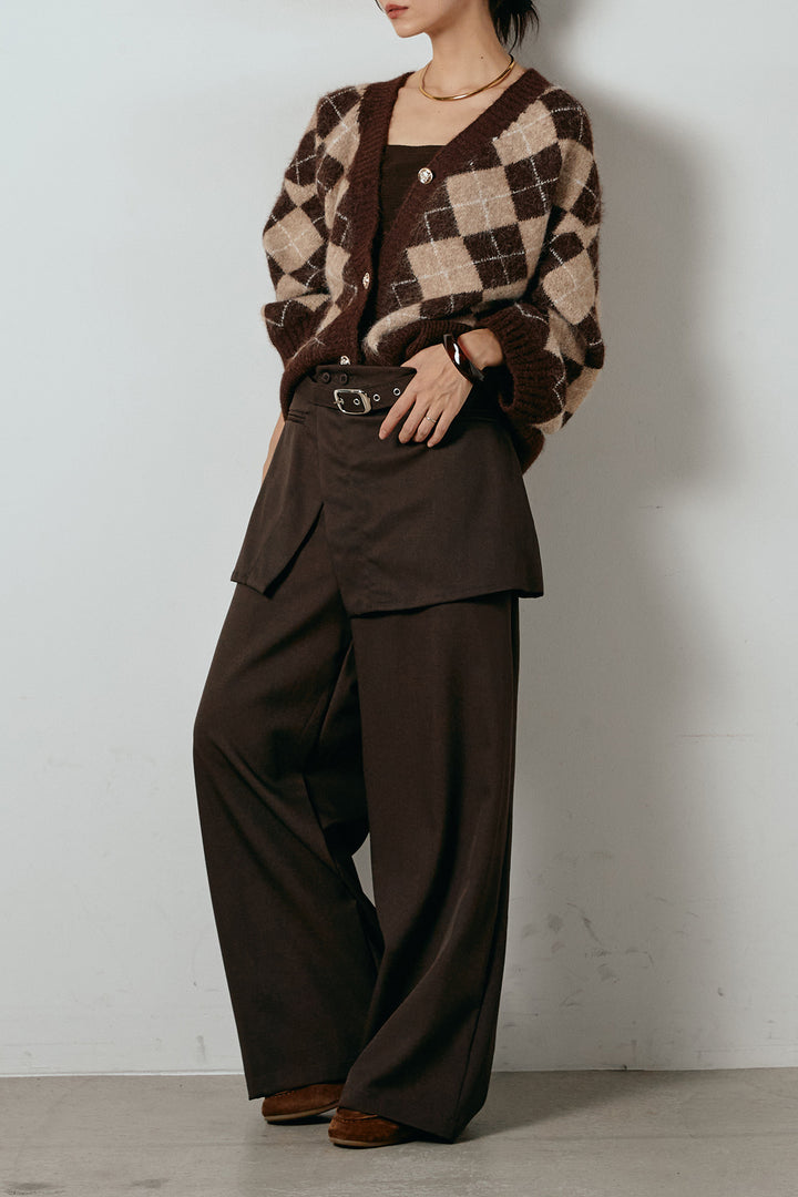 [SET]オーバーサイズ総柄Vネックニットカーディガン+ベルト付きウエストデザインパンツ(2set)