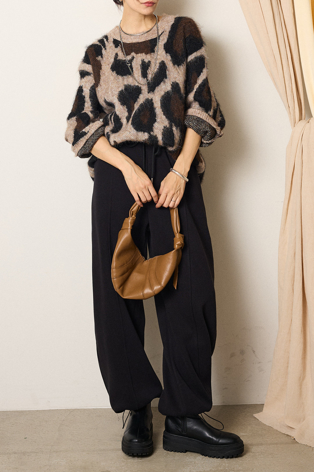 [SET]ルーズアニマルモヘアニットトップス+スウェットワイドカーブパンツ(2set)
