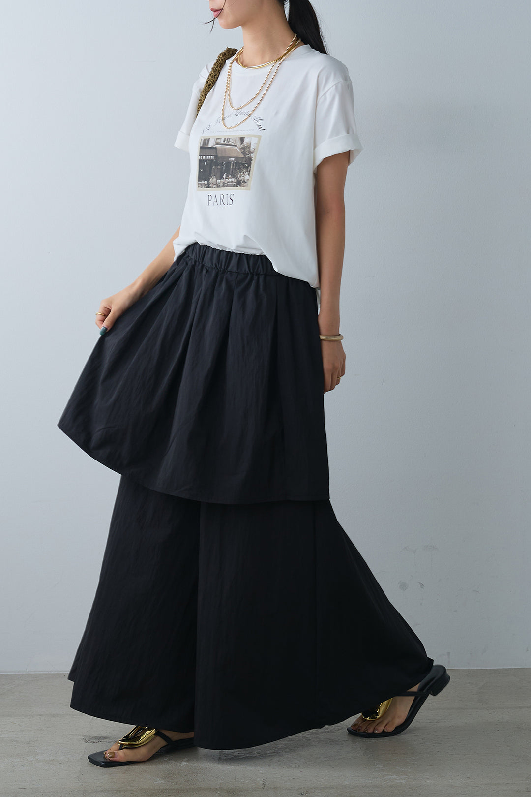 [SET]PARISフォトTシャツ+タックスカートドッキングフレアパンツ(2set)