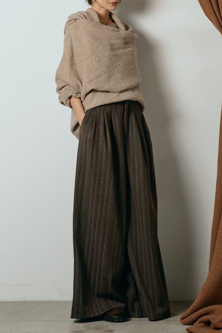[SET]ネック巻きデザインニットトップス+タック入りマルチストライプ柄ワイドパンツ(2set)